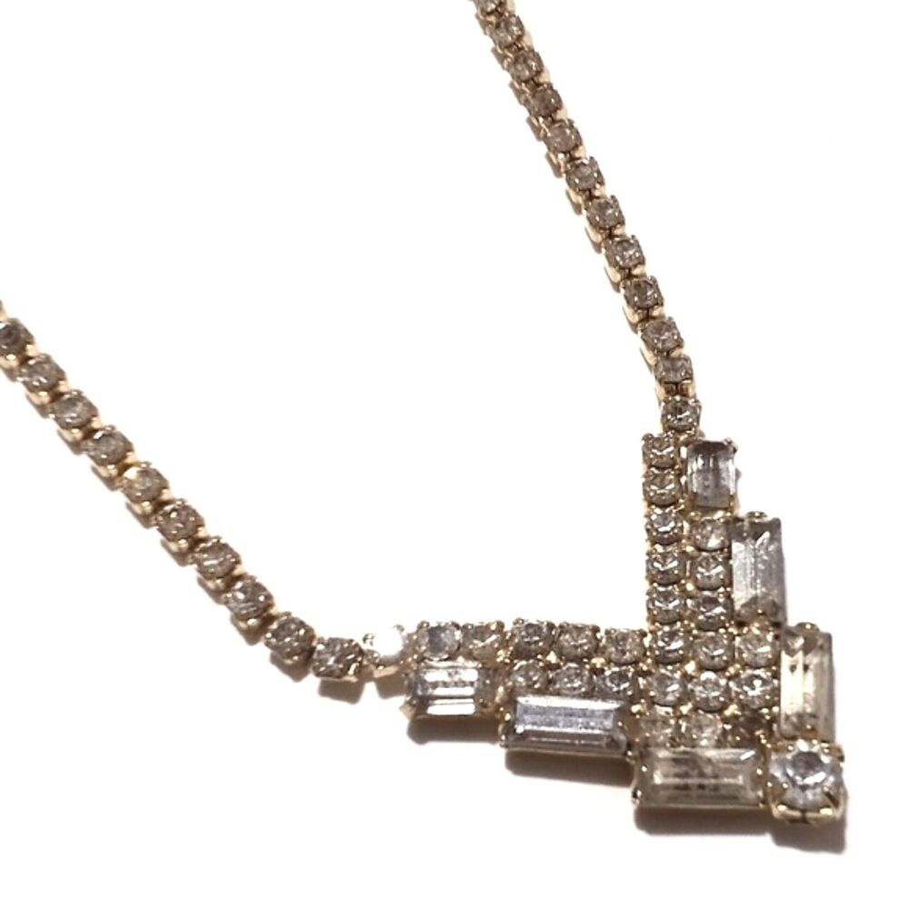 Vintage Gold Tone Clear Prong Set V Shape Rhinestone Necklace